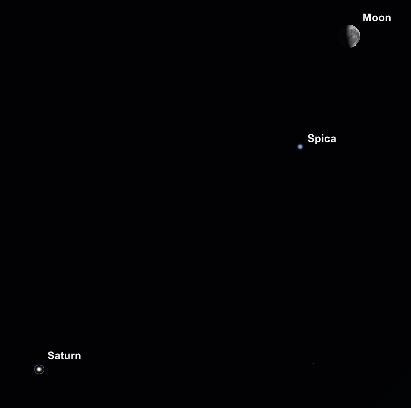 Saturn Spica and Moon finder chart for 430am AEST on Wednesday 26 January 