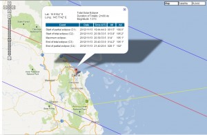 Totality times for viewers located at the Esplanade, Cairns on Wednesday 14 November 2012. Map courtesy Google Maps.