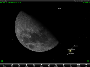 Jupiter wide angle finder chart for 8 pm AEST 10 February 2013. Add one hour if your state or territory follows 'Summer Time'. Chart prepared using the highly recommended Sky Safari Pro tablet app. Used with permission.