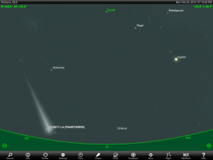 Jupiter and Moon finder chart for 11.18 pm AEST 18 February 2013. Add one hour if your state or territory follows 'Summer Time'. Chart prepared using the highly recommended Sky Safari Pro tablet app. Used with permission.