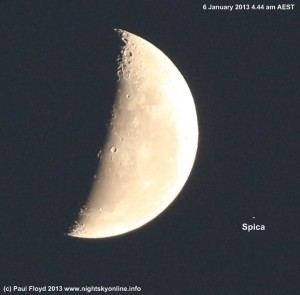 Moon and Spica 4.44 am AEST Image taken with tripod mounted DSLR and 250 mm lens