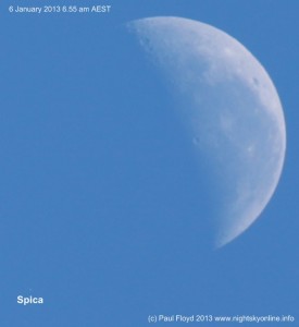Moon and Spica 6.55 am AEST 6 January 2013 Image taken with tripod mounted DSLR and 250 mm lens