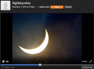 An unprocessed screenshot of my Ustream.com webcast of the November 2012's Total Solar Eclipse. Taken through thin cloud.