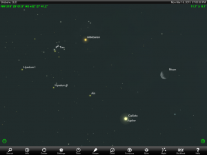 Moon and Jupiter finder chart for 2 pm AEST 18 March 2013. Add one hour if your state or territory follows 'Summer Time'. Chart prepared using the highly recommended Sky Safari Pro tablet app. Used with permission.