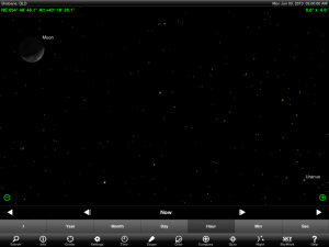 Uranus and Moon finder chart for 5 am AEST 3 June 2013. Chart prepared using the highly recommended Sky Safari Pro tablet app. Used with permission.