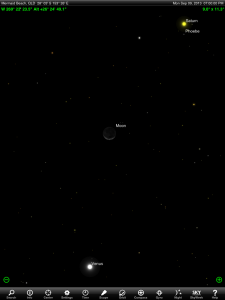 Venus, Spica and waxing crescent Moon finder chart for 7 pm AEST 8 September 2013. Chart prepared using the highly recommended Sky Safari Pro tablet app. Used with permission.