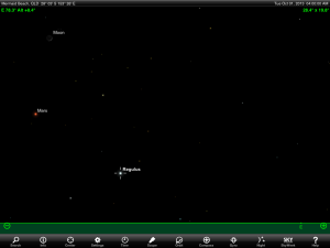 Jupiter and waning crescent Moon finder chart for 4.30 am AEST 1 September 2013. Chart prepared using the highly recommended Sky Safari Pro tablet app. Used with permission.