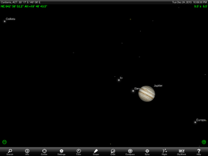 Great Red Spot and Ganymede about to be eclipsed by Jupiter's shadow 10:08 pm AEST / 11:08 pm AEDT 24 December 2013. Chart prepared using the highly recommended Sky Safari Pro tablet app. Used with permission.
