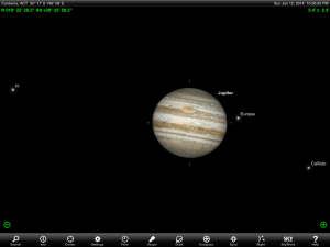 Great Red Spot and Europa (and its shadow) visible on the disc of Jupiter. Chart prepared for 9:42 pm AEST / 10:42 pm AEDT 5 January 2014. Chart prepared using the highly recommended Sky Safari Pro tablet app. Used with permission. Note that the view through your telescope may look different depending the design of your telescope.