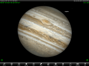 Great Red Spot and Europa (and its shadow) visible on the disc of Jupiter. Chart prepared for 9:42 pm AEST / 10:428 pm AEDT 24 December 2013. Chart prepared using the highly recommended Sky Safari Pro tablet app. Used with permission. Note  that the view through your telescope may look different depending the design of your telescope.