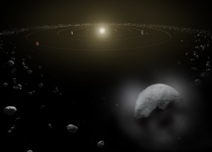 Dwarf Planet Ceres, Artist's Impression Dwarf planet Ceres is located in the main asteroid belt, between the orbits of Mars and Jupiter, as illustrated in this artist's conception. Observations by the Herschel space observatory between 2011 and 2013 find that the dwarf planet has a thin water vapor atmosphere. This is the first unambiguous detection of water vapor around an object in the asteroid belt. Herschel is a European Space Agency mission, with science instruments provided by consortia of European institutes and with important participation by NASA. While the observatory stopped making science observations in April 2013, after running out of liquid coolant, as expected, scientists continue to analyze its data. NASA's Herschel Project Office is based at NASA's Jet Propulsion Laboratory, Pasadena, Calif. JPL contributed mission-enabling technology for two of Herschel's three science instruments. The NASA Herschel Science Center, part of the Infrared Processing and Analysis Center at the California Institute of Technology in Pasadena, supports the U.S. astronomical community. Caltech manages JPL for NASA. Image credit: ESA/ATG medialab