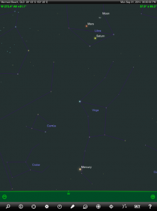 Moon, Mercury, Mars and Saturn finder chart for 6:30 pm AEST Monday 1 September  2014. Chart prepared for the Gold Coast (Mermaid Beach, Queensland), Australia.Chart prepared using the highly recommended Sky Safari Pro tablet app. Used with permission.