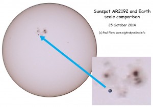 (c) Paul Floyd 2014. Sunspot AR 2192 with correctly scaled Earth for comparison.