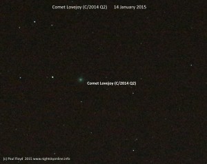 Comet Lovejoy (C/2014 Q2) on 14 January 2015. Image taken with tripod mounted camera. Image (c) Paul Floyd 2015.