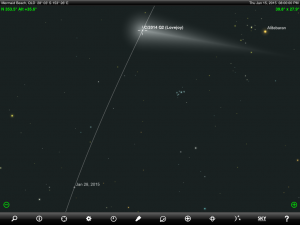Comet Lovejoy (C/2014 Q2) finder chart prepared for 15 - 28 January 2015 for the Gold Coast, Queensland (but will be also useful for elsewhere in Eastern Australia). Stars shown to magnitude 6.5. Chart prepared using the highly recommended Sky Safari Pro tablet app. Used with permission.