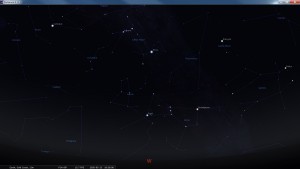 Looking West at 6:30 pm AEST. Produced for an observer based on the Gold Coast, Queensland, Australia using the freeware astronomy program Stellarium. The chart will also be useful for an observer based elsewhere on the East Coast of Australia.