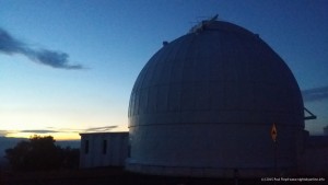 Sunset behind the dome of the destroyed 74 inch reflector at Mount Stromlo Observatory. Image (c) 2015 Paul Floyd.