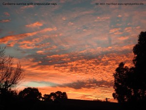 Canberra sunrise with crepuscular rays. (c) Paul Floyd 2015.
