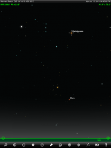 Mars finder chart. Chart prepared for 6:45 pm AEST on Monday 15 April 2019 for the Gold Coast, Queensland (but will be also useful for elsewhere in Eastern Australia). Chart prepared using the highly recommended Sky Safari Pro tablet app. Used with permission.