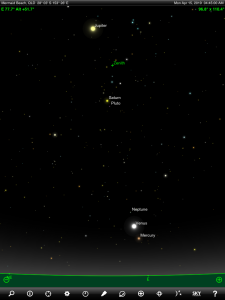 Mercury, Venus, Jupiter, Saturn, Neptune and Pluto finder chart. Chart prepared for 4:45 am AEST on Monday 15 April 2019 for the Gold Coast, Queensland (but will be also useful for elsewhere in Eastern Australia). Chart prepared using the highly recommended Sky Safari Pro tablet app. Used with permission.