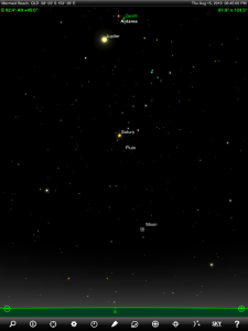 Jupiter, Saturn and Pluto finder chart. Chart prepared for 6:45 pm AEST on Monday 15 August 2019 for the Gold Coast, Queensland (but will be also useful for elsewhere in Eastern Australia). Chart prepared using the highly recommended Sky Safari Pro tablet app. Used with permission.