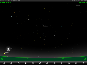 Venus, Saturn, Uranus, Neptune and Pluto finder chart. Chart prepared for 8:15 pm AEST on Sunday 15 December 2019 for the Gold Coast, Queensland (but will be also useful for elsewhere in Eastern Australia). Chart prepared using the highly recommended Sky Safari Pro tablet app. Used with permission.