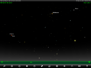 Mars and Uranus finder chart. Chart prepared for 8 pm AEST on Friday 15 February 2019 for the Gold Coast, Queensland (but will be also useful for elsewhere in Eastern Australia). Chart prepared using the highly recommended Sky Safari Pro tablet app. Used with permission.