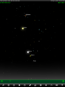 Venus, Jupiter, Saturn and Pluto finder chart. Chart prepared for 4 am AEST on Friday 15 February 2019 for the Gold Coast, Queensland (but will be also useful for elsewhere in Eastern Australia). Chart prepared using the highly recommended Sky Safari Pro tablet app. Used with permission.