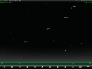 Mars, Uranus and Neptune finder chart. Chart prepared for 8:15 pm AEST on Tuesday 15 January 2019 for the Gold Coast, Queensland (but will be also useful for elsewhere in Eastern Australia). Chart prepared using the highly recommended Sky Safari Pro tablet app. Used with permission.
