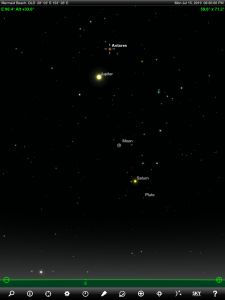 Jupiter, Saturn and Pluto finder chart. Chart prepared for 6:30 pm AEST on Monday 15 June 2019 for the Gold Coast, Queensland (but will be also useful for elsewhere in Eastern Australia). Chart prepared using the highly recommended Sky Safari Pro tablet app. Used with permission.