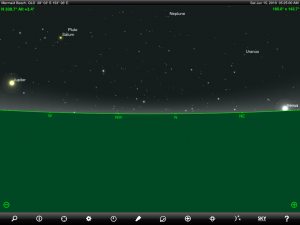 Venus, Jupiter, Saturn, Uranus and Pluto finder chart. Chart prepared for 5:25 am AEST on Saturday 15 June 2019 for the Gold Coast, Queensland (but will be also useful for elsewhere in Eastern Australia). Chart prepared using the highly recommended Sky Safari Pro tablet app. Used with permission.