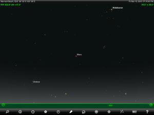 Mars and Uranus finder chart. Chart prepared for 7:15 pm AEST on Friday 15 March 2019 for the Gold Coast, Queensland (but will be also useful for elsewhere in Eastern Australia). Chart prepared using the highly recommended Sky Safari Pro tablet app. Used with permission.