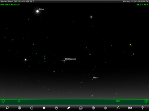 Mars finder chart. Chart prepared for 6:30 pm AEST on Wednesday 15 April 2019 for the Gold Coast, Queensland (but will be also useful for elsewhere in Eastern Australia). Chart prepared using the highly recommended Sky Safari Pro tablet app. Used with permission.