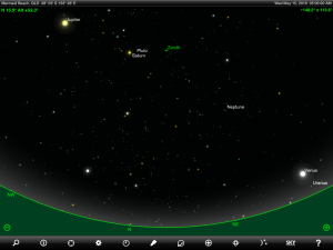 Venus, Jupiter, Saturn, Uranus, Neptune and Pluto finder chart. Chart prepared for 5 am AEST on Wednesday 15 May 2019 for the Gold Coast, Queensland (but will be also useful for elsewhere in Eastern Australia). Chart prepared using the highly recommended Sky Safari Pro tablet app. Used with permission.