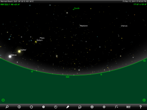 Venus, Jupiter, Saturn, Uranus, Neptune and Pluto finder chart. Chart prepared for 7:45 pm AEST on Friday 15 November 2019 for the Gold Coast, Queensland (but will be also useful for elsewhere in Eastern Australia). Chart prepared using the highly recommended Sky Safari Pro tablet app. Used with permission.