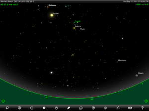 Jupiter, Saturn and Neptune finder chart. Chart prepared for 7 pm AEST on Sunday 15 September 2019 for the Gold Coast, Queensland (but will be also useful for elsewhere in Eastern Australia). Chart prepared using the highly recommended Sky Safari Pro tablet app. Used with permission.