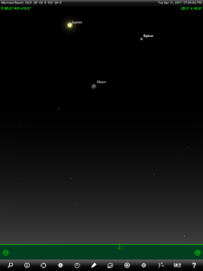 Moon, Jupiter and Spica (the brightest star in the ancient Greek constellation Virgo 'The Virgin') finder chart. Chart prepared for 7 pm AEST on Tuesday 11 April 2017 for the Gold Coast, Queensland, Australia (but will be also useful for elsewhere in Eastern Australia). Chart prepared using the highly recommended Sky Safari Pro tablet app. Used with permission.