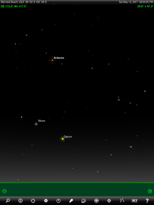 Moon, Saturn and Antares (the brightest star in the ancient Greek constellation Scorpius 'The Scorpion') finder chart. Chart prepared for 8 pm AEST on Saturday 13 May 2017 for the Gold Coast, Queensland, Australia (but will be also useful for elsewhere in Eastern Australia). Chart prepared using the highly recommended Sky Safari Pro tablet app. Used with permission.