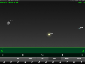 Moon, Jupiter and Spica (the brightest star in the ancient Greek constellation Virgo 'The Virgin') finder chart. Chart prepared for 7.30 pm AEST on Tuesday 14 March 2017 for the Gold Coast, Queensland, Australia (but will be also useful for elsewhere in Eastern Australia). Chart prepared using the highly recommended Sky Safari Pro tablet app. Used with permission.