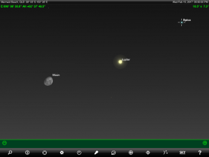 Moon, Jupiter and Spica (the brightest star in the ancient Greek constellation Virgo 'The Virgin' finder chart. Chart prepared for 9.30 pm AEST on Wednesday 15 February 2017 for the Gold Coast, Queensland, Australia (but will be also useful for elsewhere in Eastern Australia). Chart prepared using the highly recommended Sky Safari Pro tablet app. Used with permission.