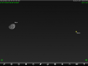 Moon and Saturn finder chart. Chart prepared for 9.30 pm AEST on Sunday 16 April 2017 for the Gold Coast, Queensland, Australia (but will be also useful for elsewhere in Eastern Australia). Chart prepared using the highly recommended Sky Safari Pro tablet app. Used with permission.