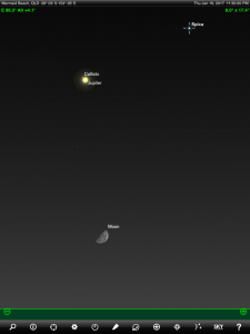 Moon, Jupiter and Spica (the brightest star in the ancient Greek constellation Virgo 'The Virgin') finder chart. Chart prepared for 11.30 pm AEST on Thursday 19 January 2016 for the Gold Coast, Queensland, Australia (but will be also useful for elsewhere in Eastern Australia). Chart prepared using the highly recommended Sky Safari Pro tablet app. Used with permission.