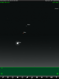 Moon, Venus, Mars and Uranus finder chart. Chart prepared for 8 pm AEST on Wednesday 1 February 2017 for the Gold Coast, Queensland, Australia (but will be also useful for elsewhere in Eastern Australia). Chart prepared using the highly recommended Sky Safari Pro tablet app. Used with permission.