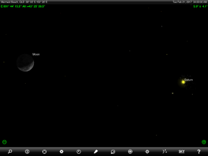 Moon and Saturn finder chart. Chart prepared for 4 am AEST on Tuesday 21 February 2017 for the Gold Coast, Queensland, Australia (but will be also useful for elsewhere in Eastern Australia). Chart prepared using the highly recommended Sky Safari Pro tablet app. Used with permission.