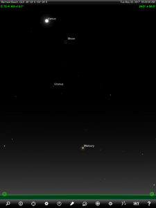 Moon, Mercury, Venus and Uranus finder chart. Chart prepared for 5 am AEST on Tuesday 23 May 2017 for the Gold Coast, Queensland, Australia (but will be also useful for elsewhere in Eastern Australia). Chart prepared using the highly recommended Sky Safari Pro tablet app. Used with permission.
