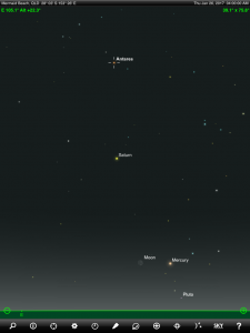 Moon, Mercury, Saturn and Antares finder chart. Chart prepared for 8.30 pm AEST on Thursday 26 January 2016 for the Gold Coast, Queensland, Australia (but will be also useful for elsewhere in Eastern Australia). Chart prepared using the highly recommended Sky Safari Pro tablet app. Used with permission.