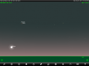 Venus, Mars and Uranus finder chart. Chart prepared for 7.15 pm AEST on Monday 27 February 2017 for the Gold Coast, Queensland, Australia (but will be also useful for elsewhere in Eastern Australia). Chart prepared using the highly recommended Sky Safari Pro tablet app. Used with permission.