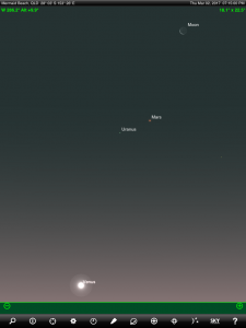 Moon, Venus, Mars and Uranus finder chart. Chart prepared for 7.15 pm AEST on Thursday 2 March 2017 for the Gold Coast, Queensland, Australia (but will be also useful for elsewhere in Eastern Australia). Chart prepared using the highly recommended Sky Safari Pro tablet app. Used with permission.