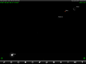 Moon, Venus, Mars and Neptune finder chart. Chart prepared for 8.30 pm AEST on 3 January 2016 for the Gold Coast, Queensland, Australia (but will be also useful for elsewhere in Eastern Australia). Astronomical twilight has already started. Chart prepared using the highly recommended Sky Safari Pro tablet app. Used with permission.