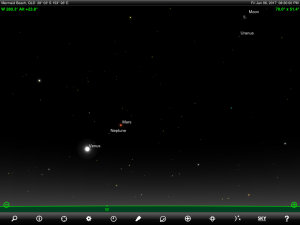 Moon, Venus, Mars, Uranus and Neptune finder chart. Chart prepared for 8.30 pm AEST on Friday 6 January 2016 for the Gold Coast, Queensland, Australia (but will be also useful for elsewhere in Eastern Australia). Chart prepared using the highly recommended Sky Safari Pro tablet app. Used with permission.